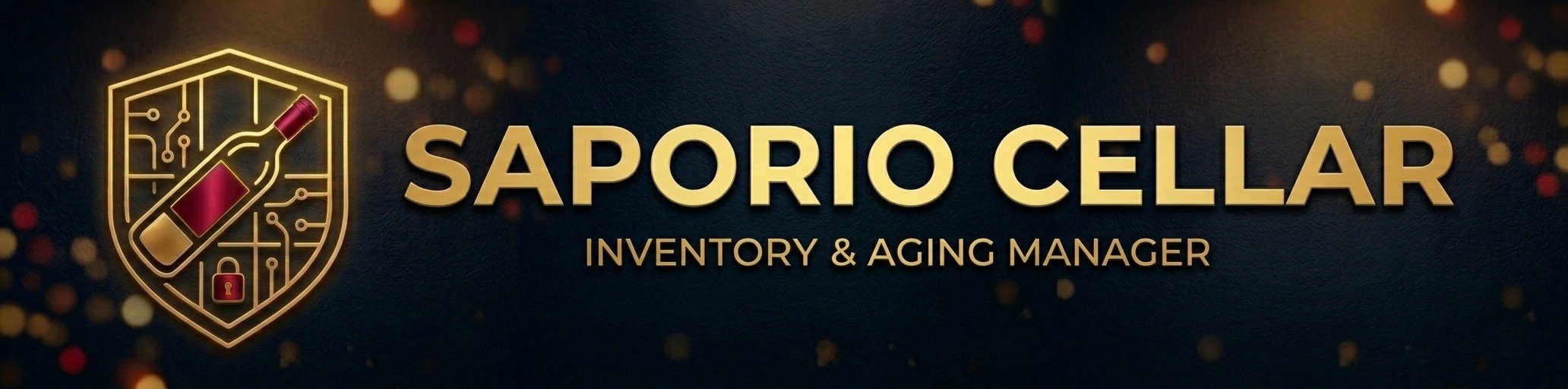 Saporio Cellar brand banner with a shield, wine bottle, and security lock motif rendered in gold neon line art
