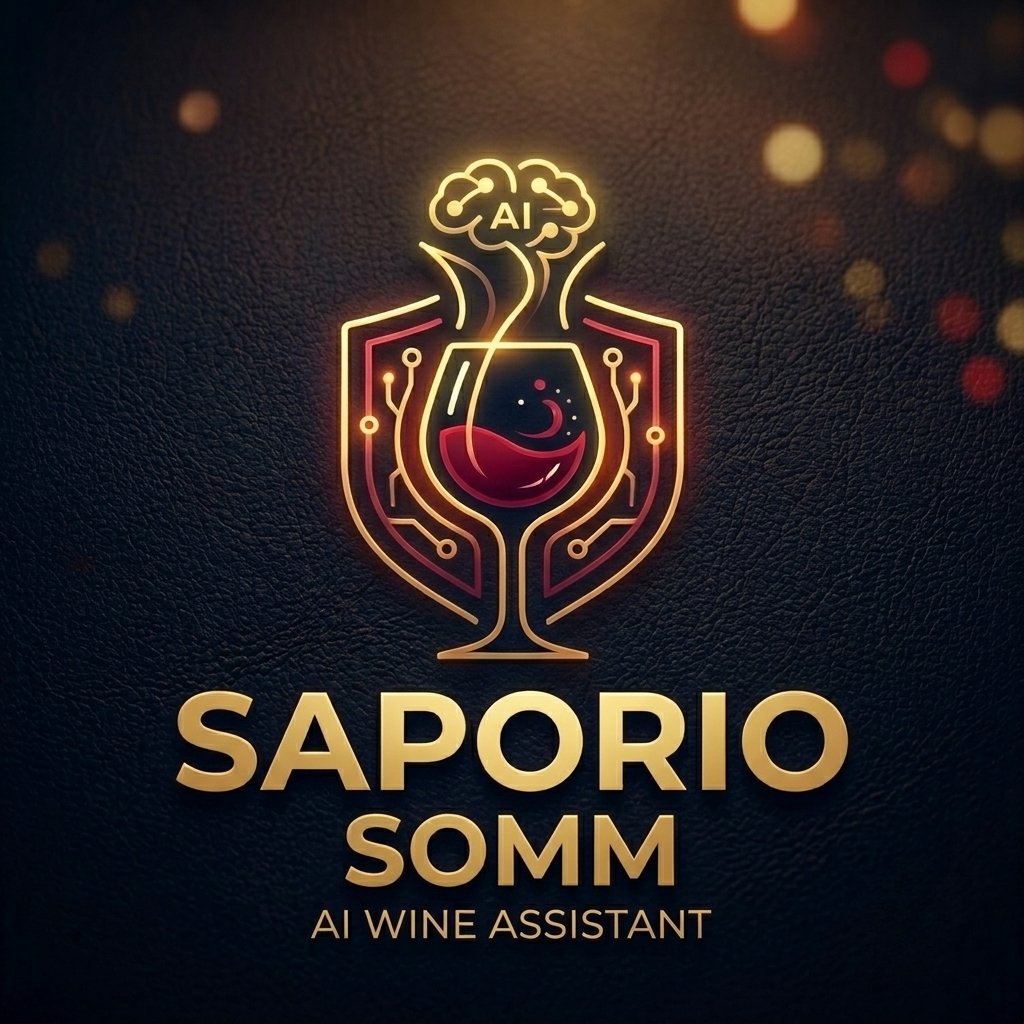 Saporio Somm brand mark, a shield with a wine glass and an AI brain motif rendered in gold neon line art